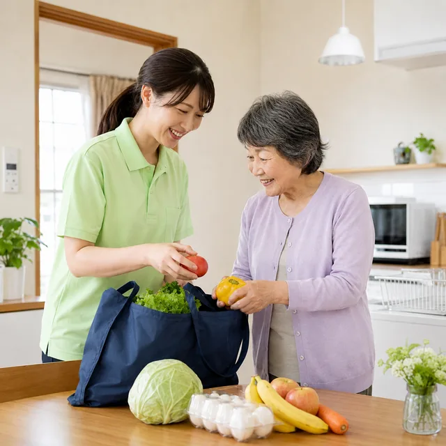 買い物から帰った食材を一緒に片づけている様子