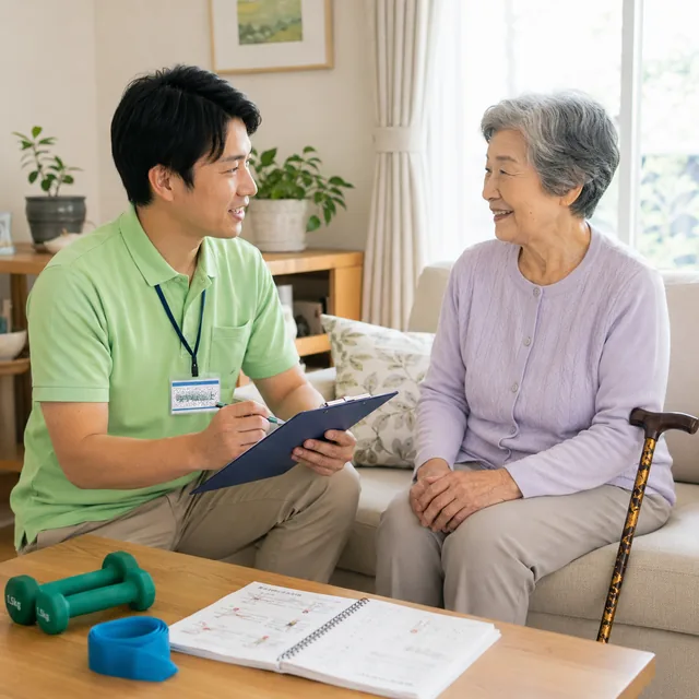 理学療法士がご自宅で身体の状態を確認しながら説明している様子