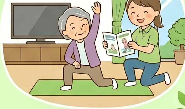 自宅で自主トレーニングの指導を受ける様子