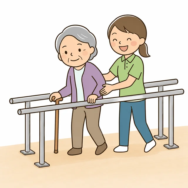 理学療法士が付き添って平行棒で歩行練習をする様子