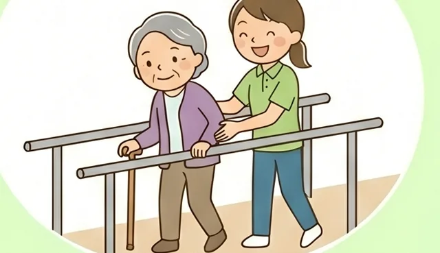 理学療法士が付き添って平行棒で歩行練習をする様子