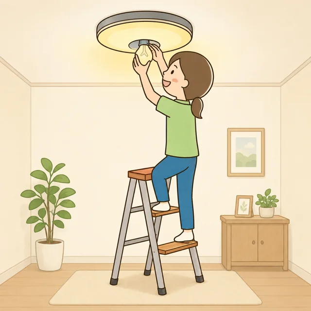 脚立に乗って照明の電球を交換する様子