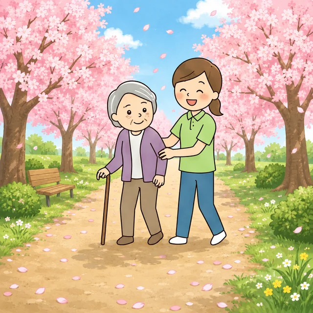 桜の並木道で外出に付き添う様子