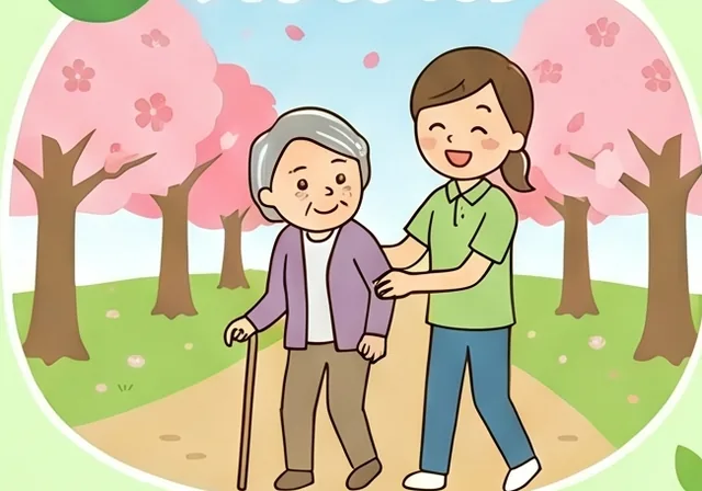 桜の並木道で外出に付き添う様子