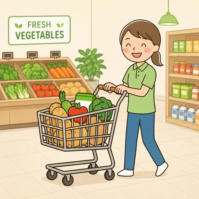 買い物カートに食材を入れて買い物を代行する様子