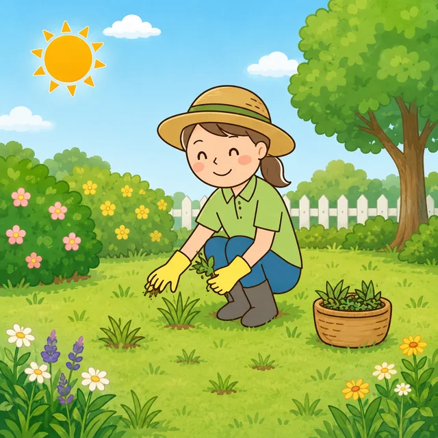 庭の草むしりをする様子