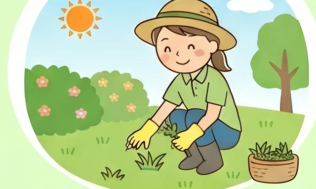 庭の草むしりをする様子