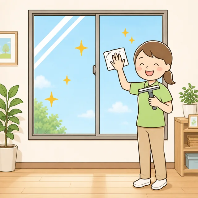 窓を拭いて掃除する様子