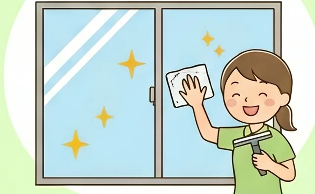 窓を拭いて掃除する様子